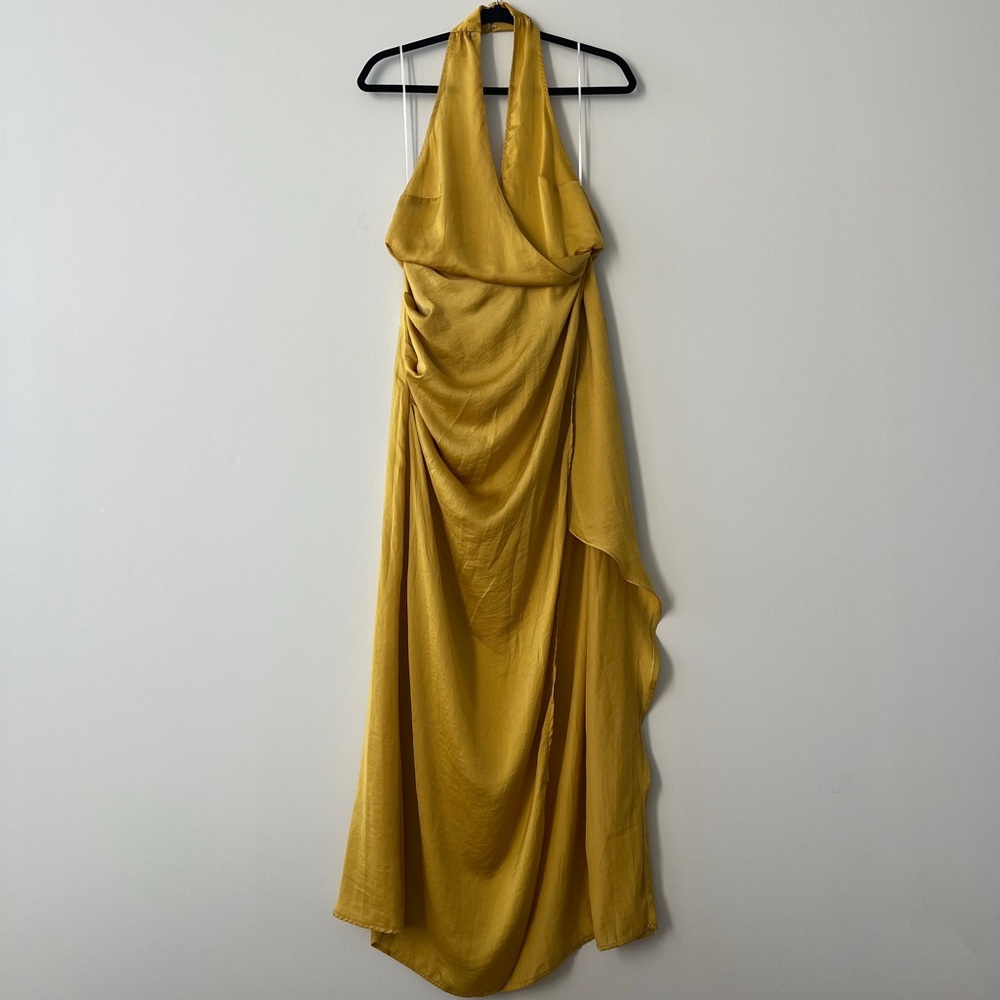MUSTARD HAMMERED SATIN HALTER NECK SLIT DRESS | PLT